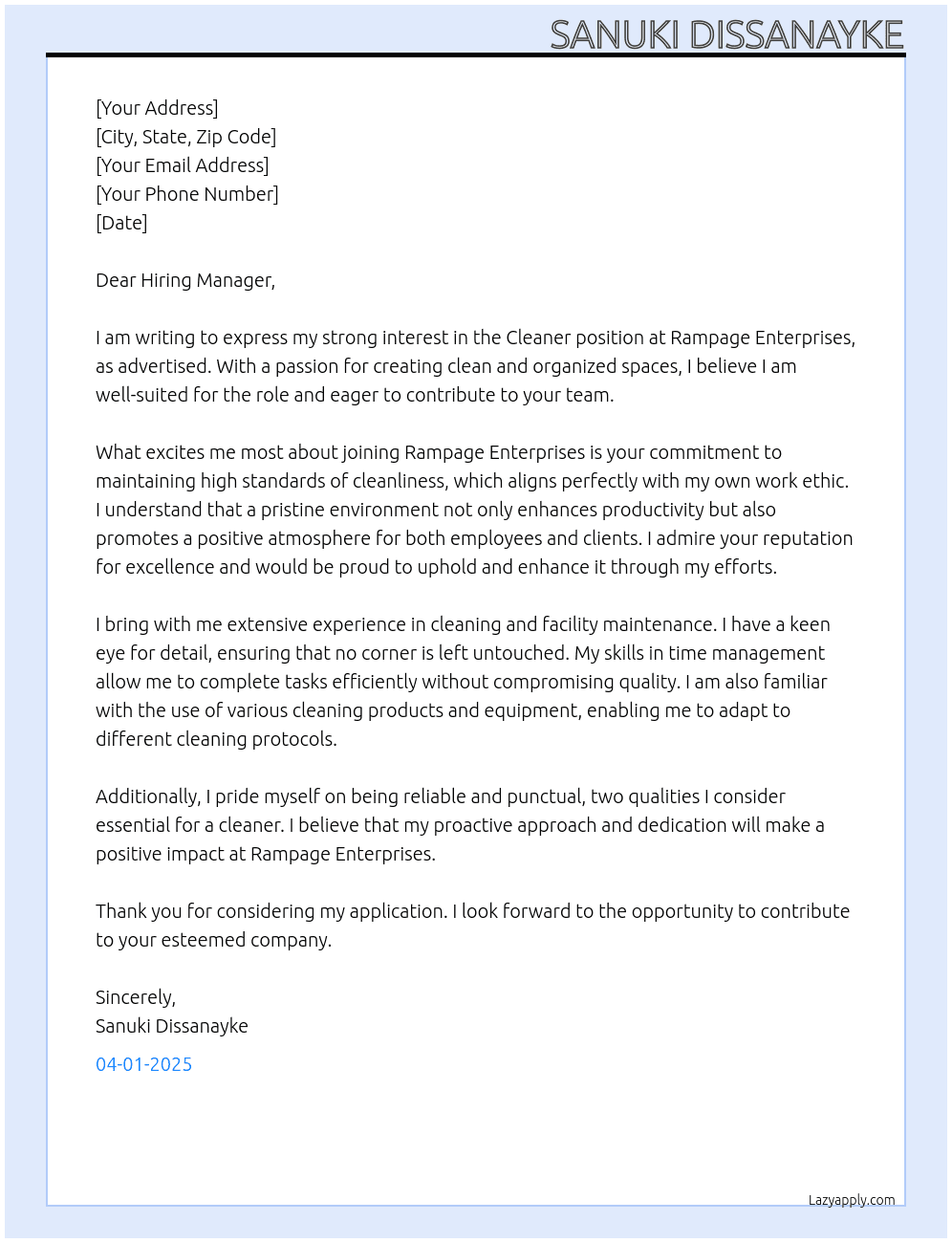 cleaner At Rampage enterprises Cover Letter