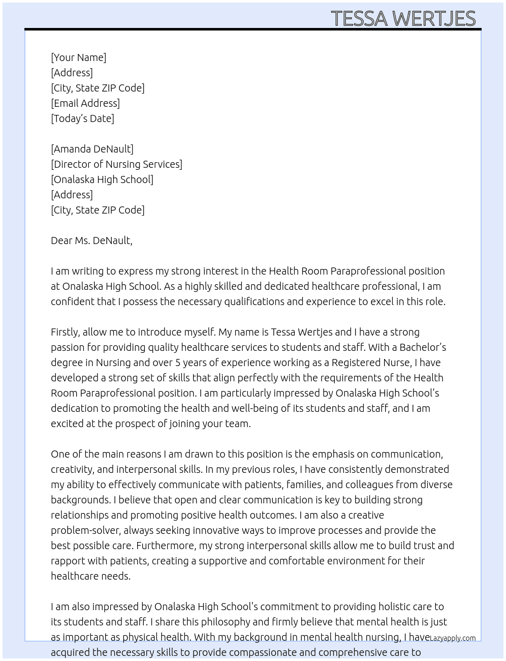 Health Room Paraprofessional  At Onalaska High School Cover Letter