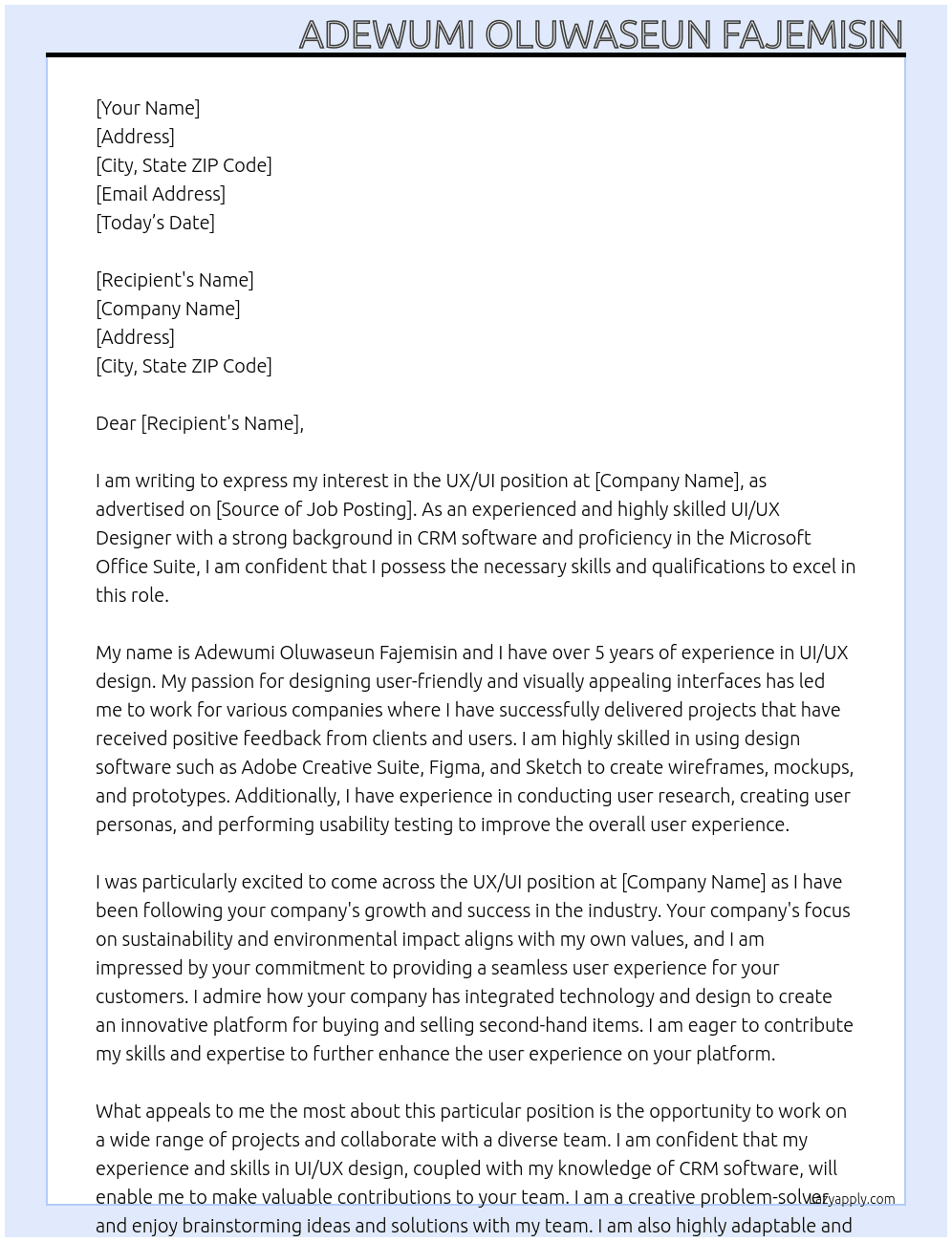 UX/UI At momox Cover Letter