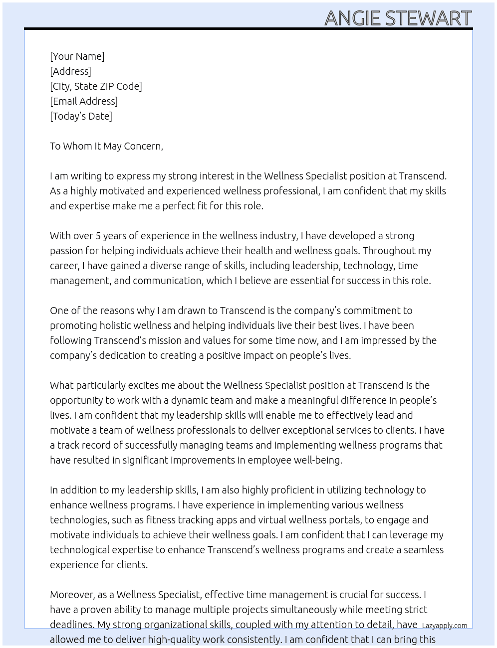 Wellness Specialist At Transcend Cover Letter