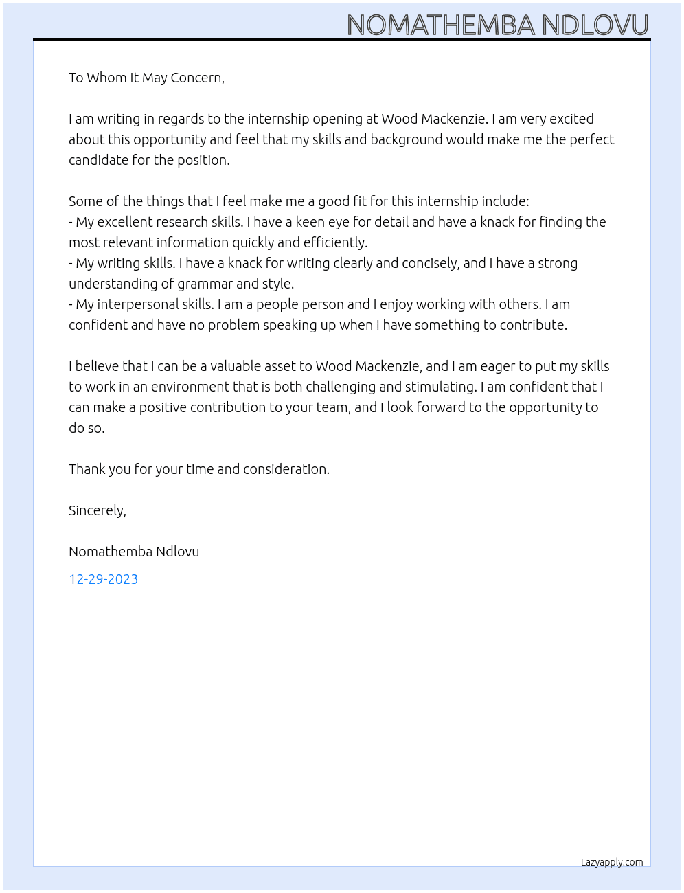 Internship  At Wood Mackenzie  Cover Letter