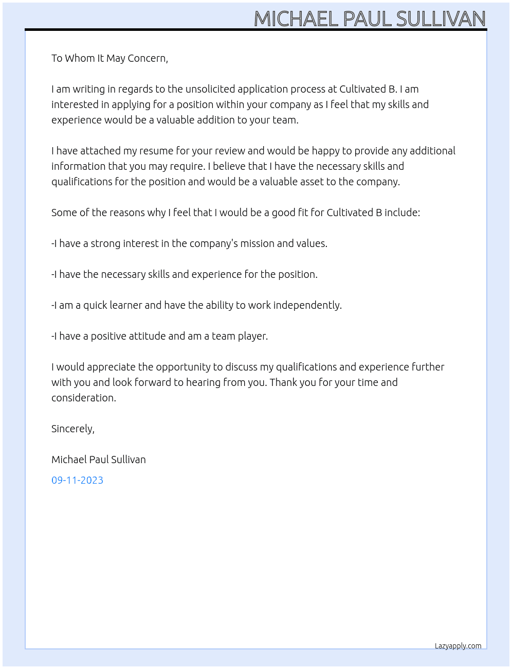 Unsolicited Application At Cultivated B Cover Letter