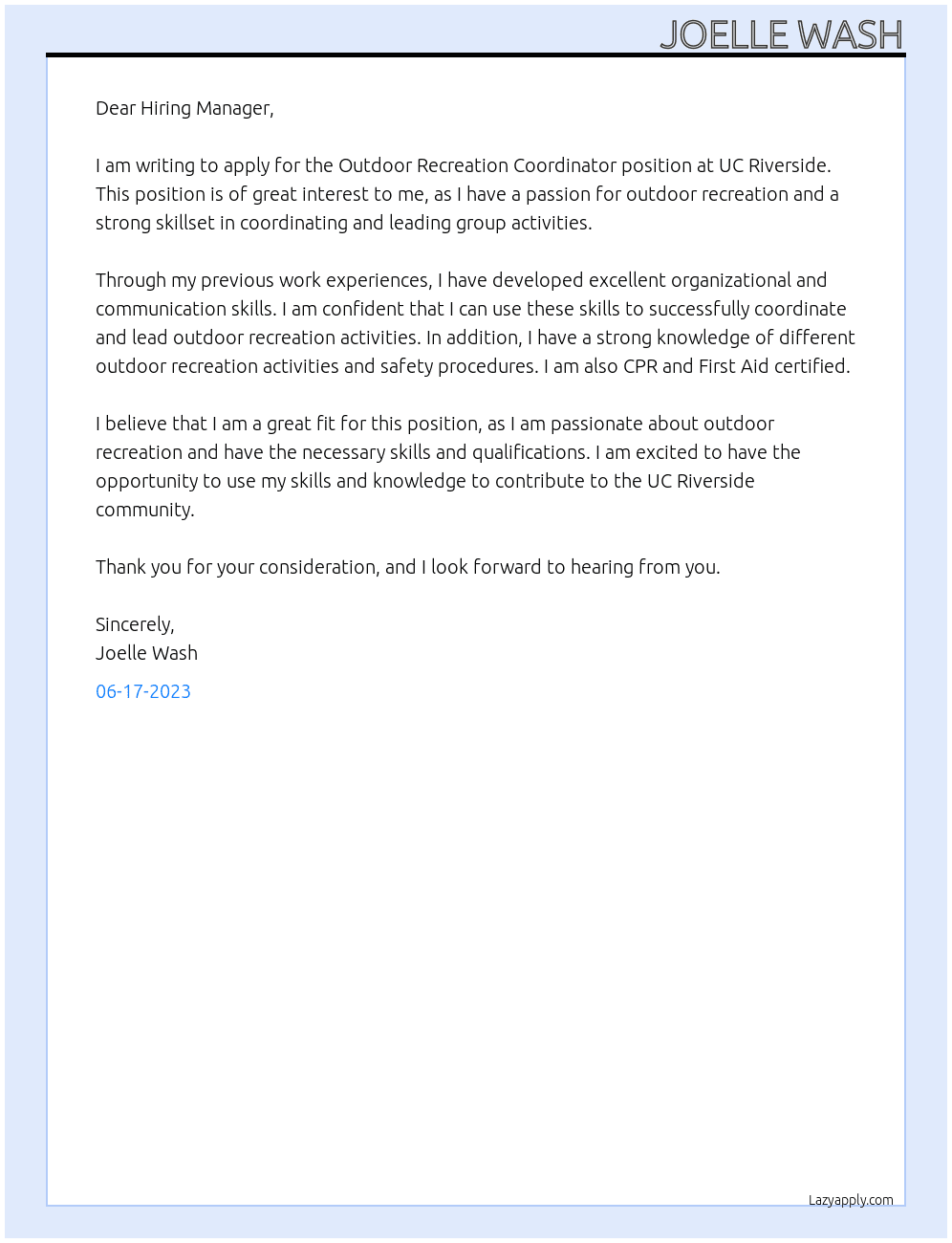 Outdoor Recreation Coordinator At UC Riverside Cover Letter
