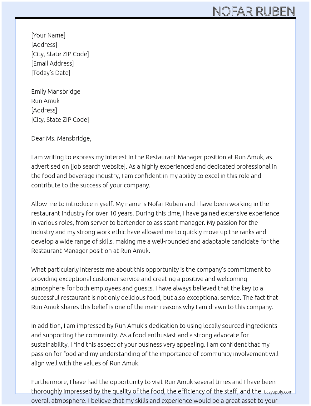 returant manager At Run Amuk  Cover Letter