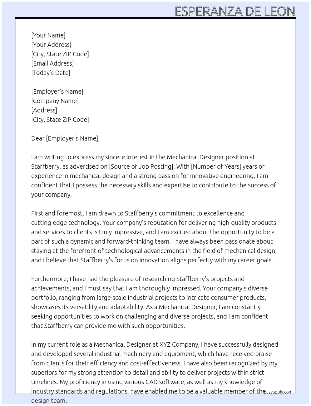 Mechanical Designer At Staffberry Cover Letter