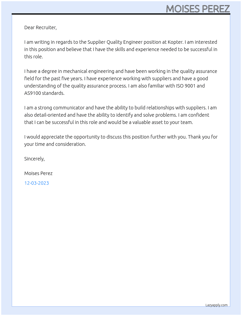 Supplier Quality Engineer At Kopter Cover Letter