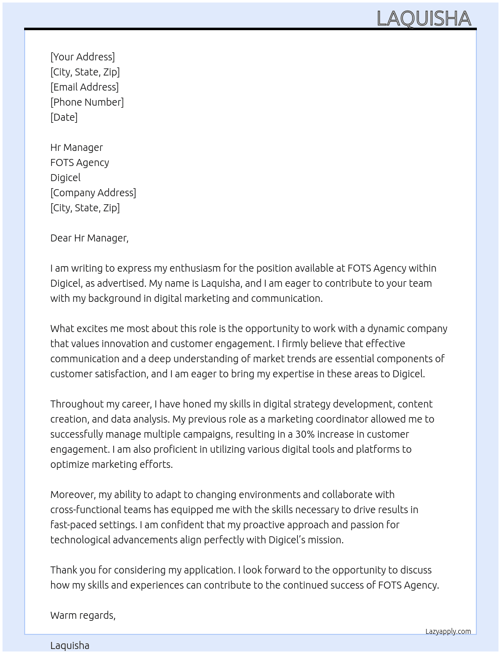 FOTS agency At Digicel  Cover Letter