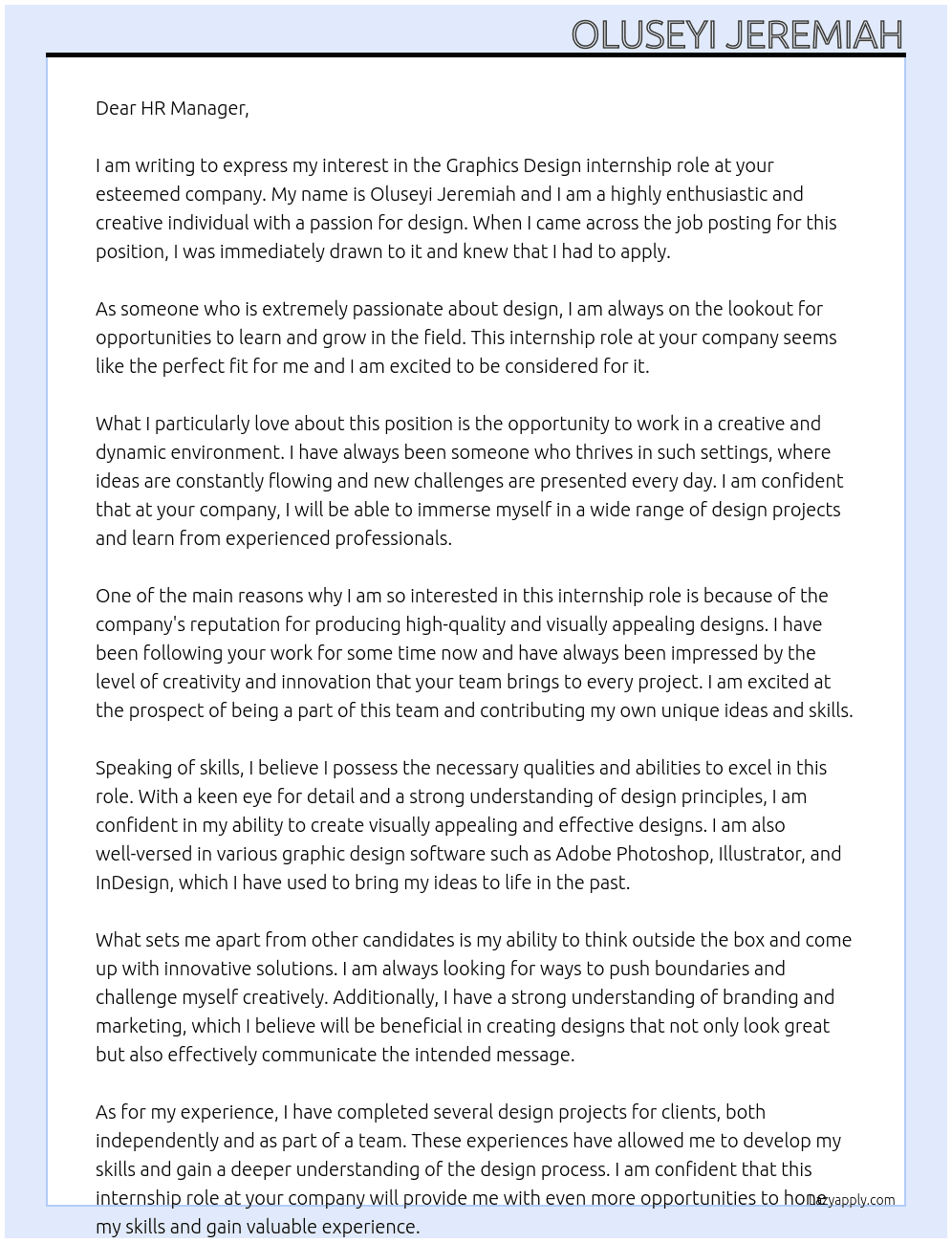 Graphics design At Hr manager Cover Letter