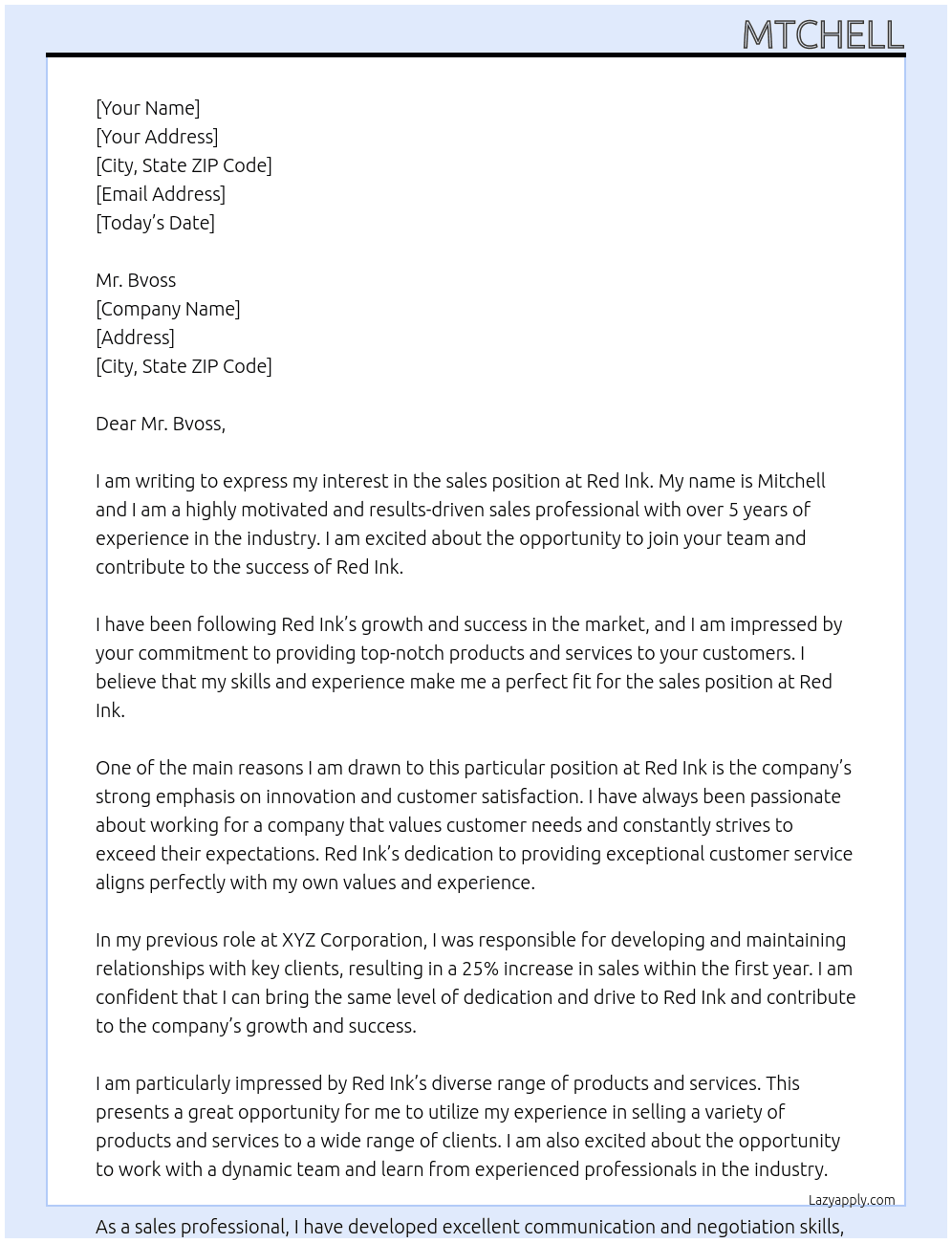 sales At rED INK Cover Letter