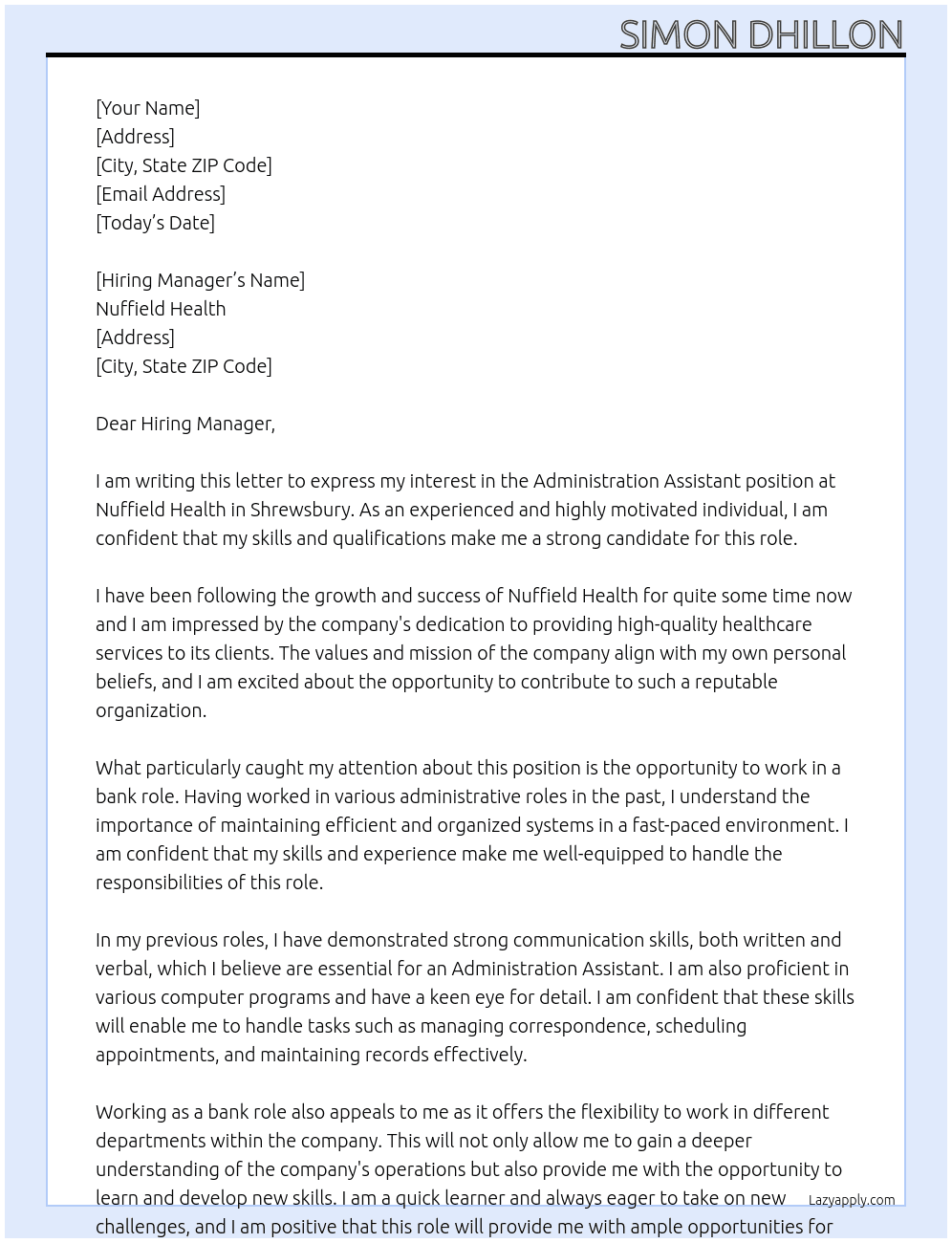 Administration Assistant At Nuffield Health Cover Letter