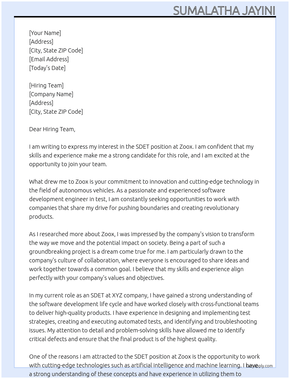 SDET At Zoox Cover Letter