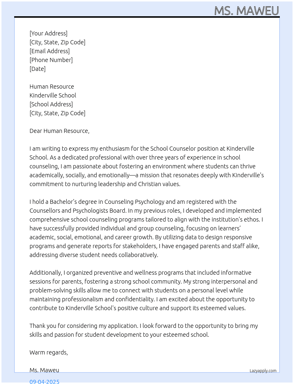 School counselor At kinderville school Cover Letter