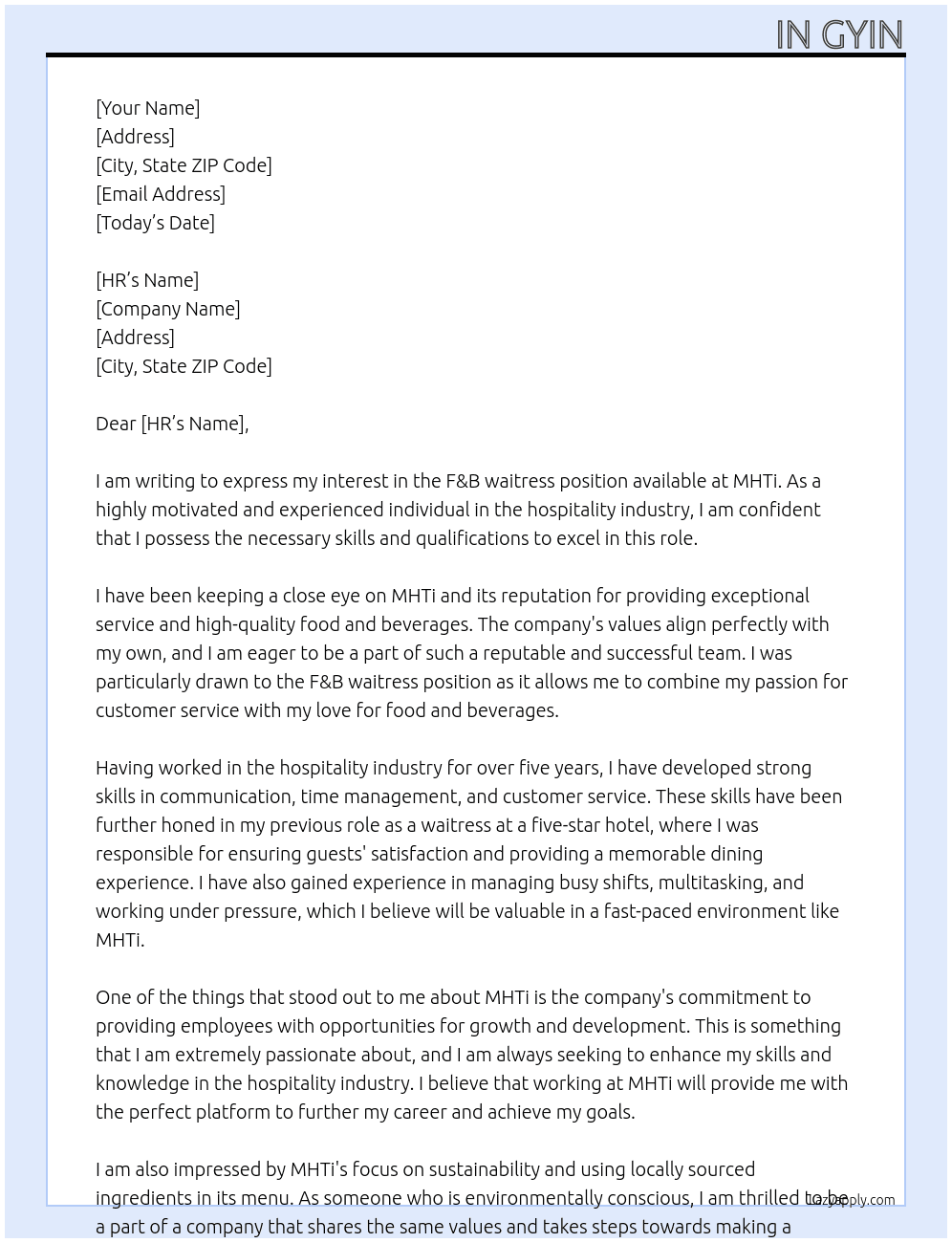 F&B waiteress At MHTi Cover Letter