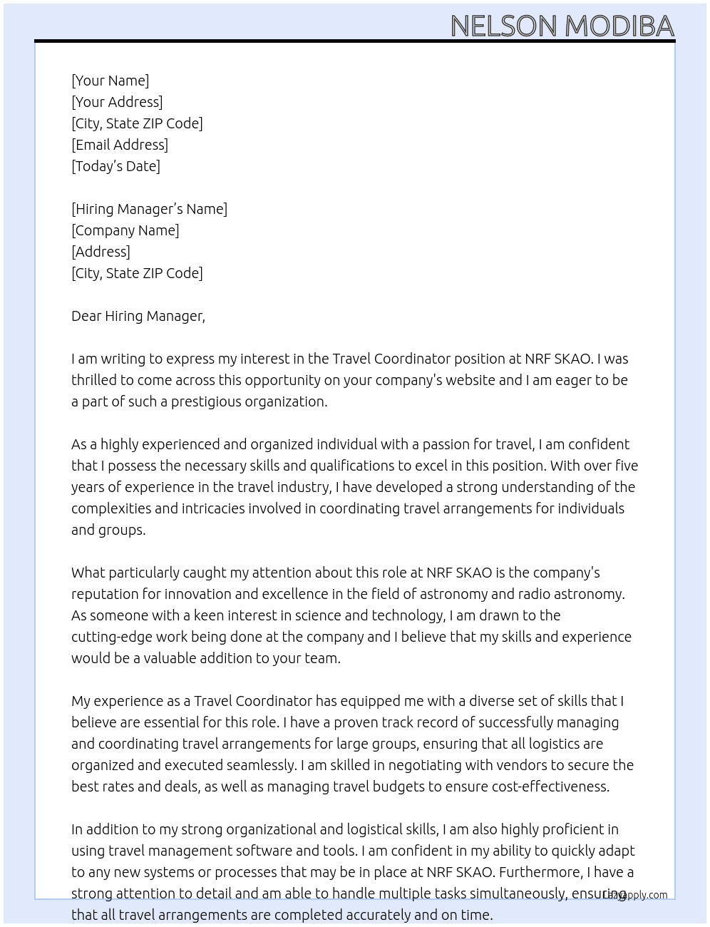Travel Coordinator At NRF SKAO Cover Letter