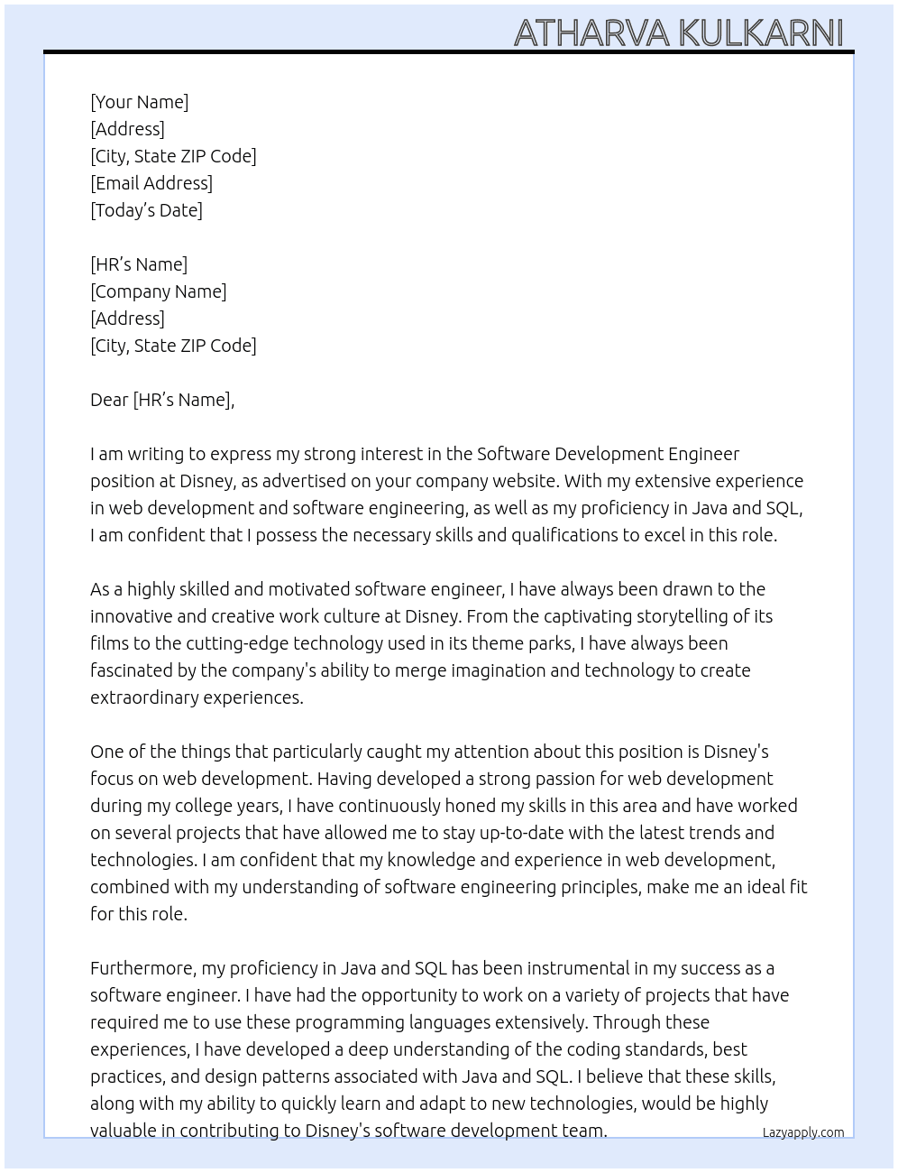Software development Engineer  At Disney  Cover Letter