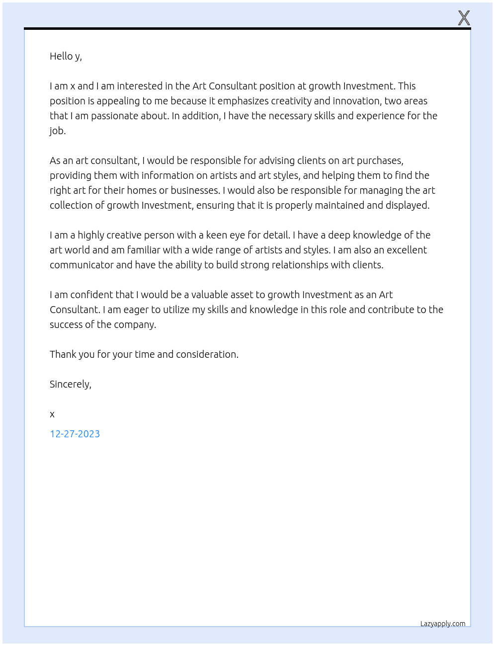 Art Consultant At growth Investment Cover Letter
