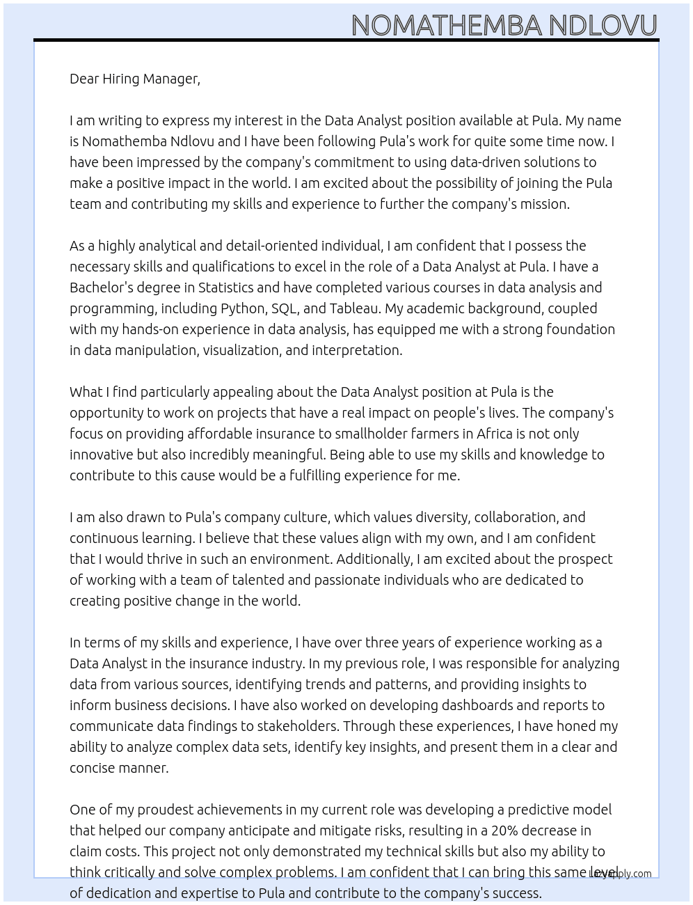 Data Analyst  At Pula Cover Letter