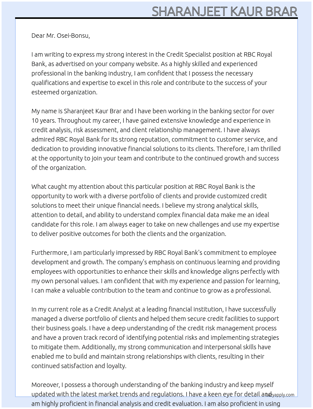 Credit specialist  At RBC Royal Bank  Cover Letter