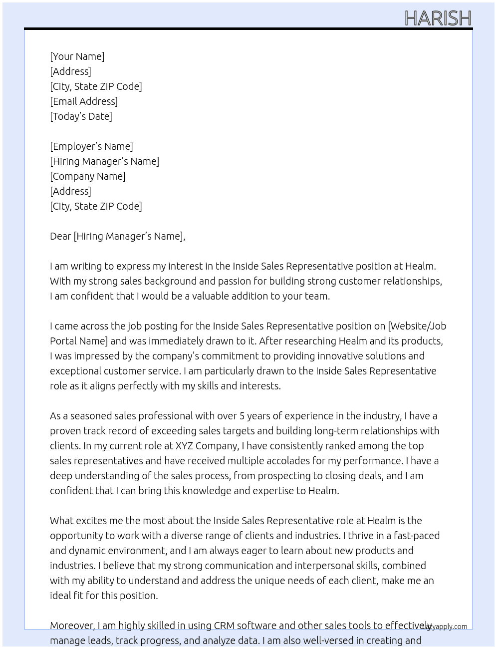 Inside sales representative At Healm Cover Letter