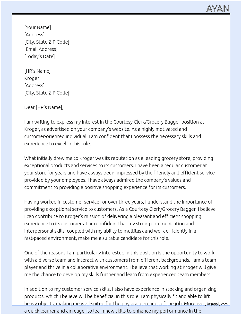 Courtesy Clerk/Grocery Bagger At Kroger Cover Letter