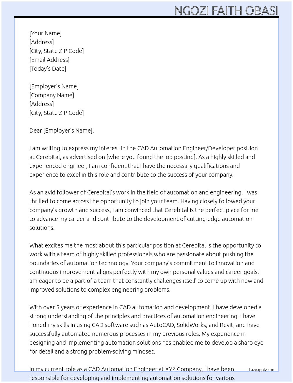  CAD Automation Engineer/Developer At Cerebital  Cover Letter