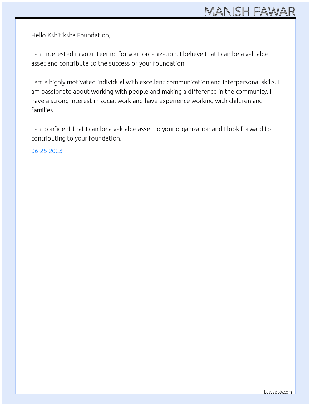 Volunteering  At Kshitiksha Foundation Cover Letter