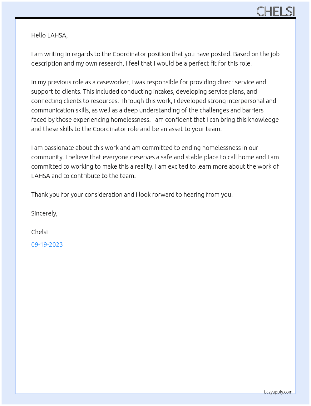 Coordinator At LAHSA Cover Letter