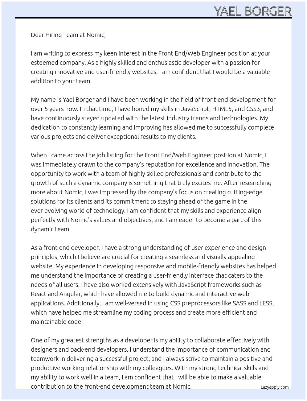 Front End/Web Engineer At Nomic Cover Letter