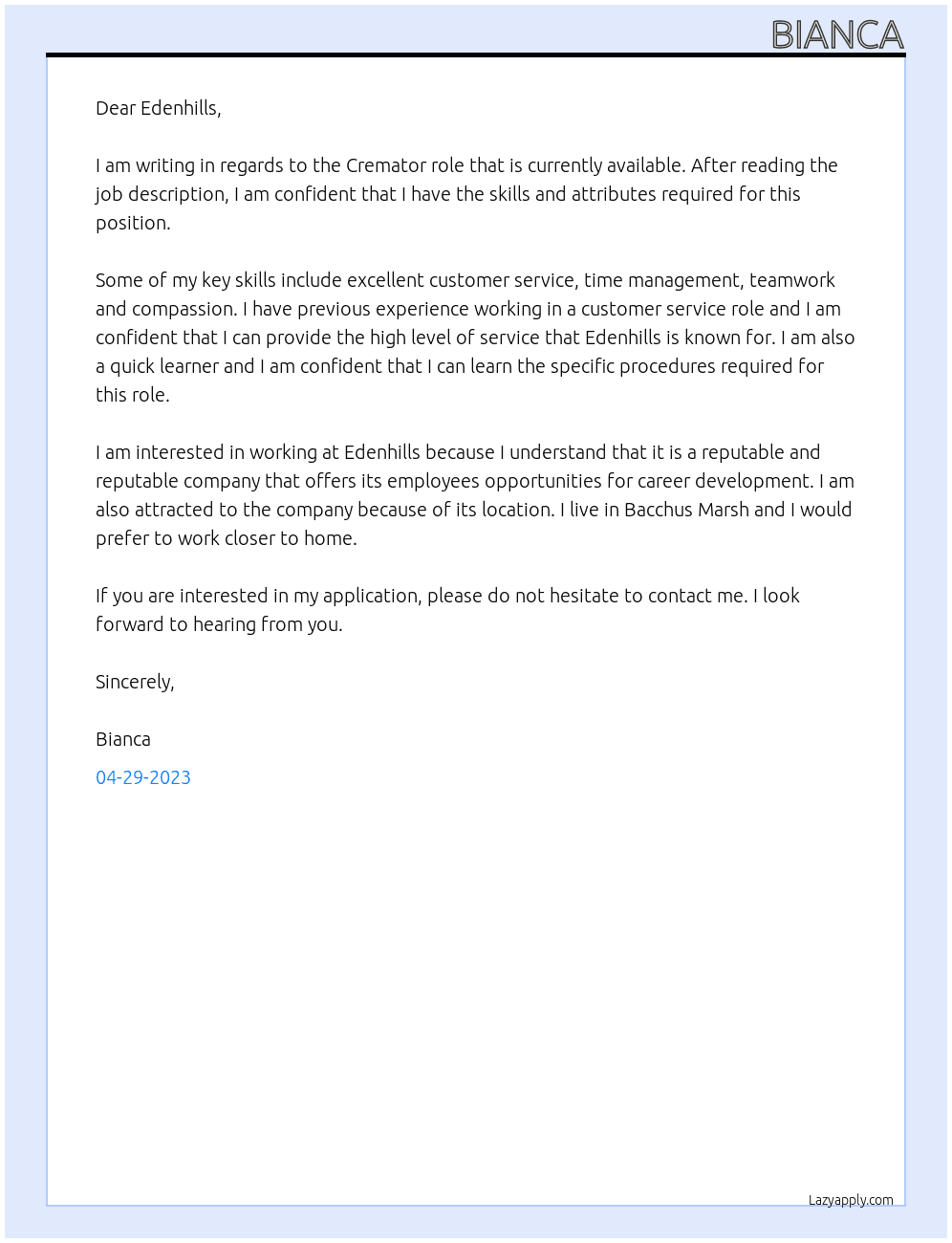 Cremator At Edenhills Cover Letter