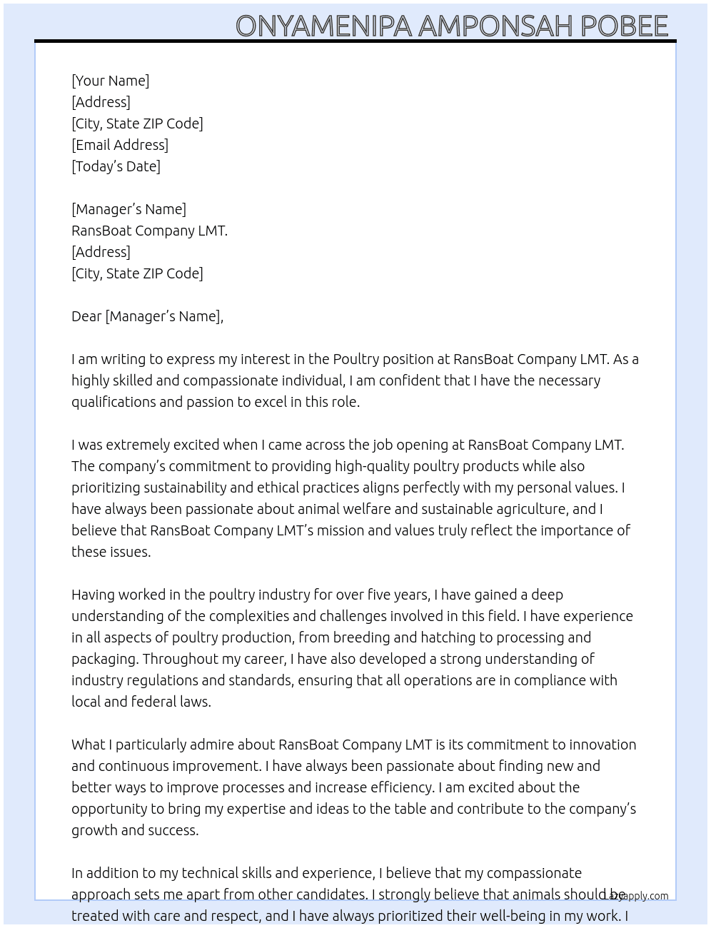 Poultry  At RansBoat Company LMT.   Cover Letter