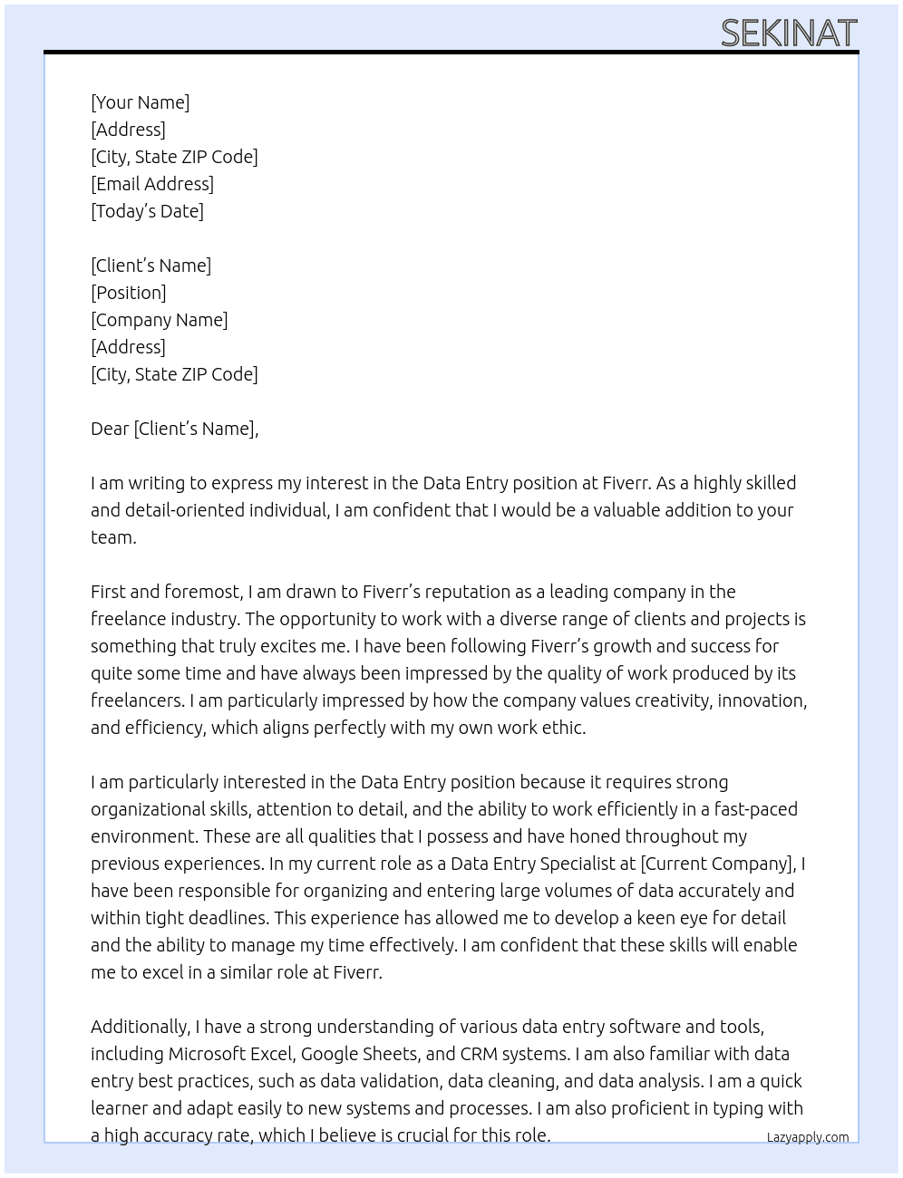data entry At fiverr Cover Letter