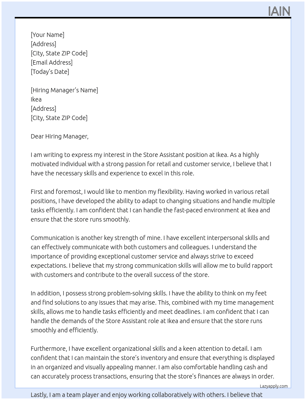 Store Assistant At Ikea  Cover Letter