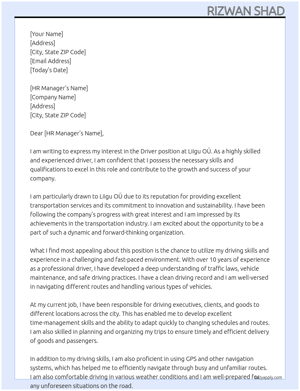 Driver  At Liigu OÜ  Cover Letter