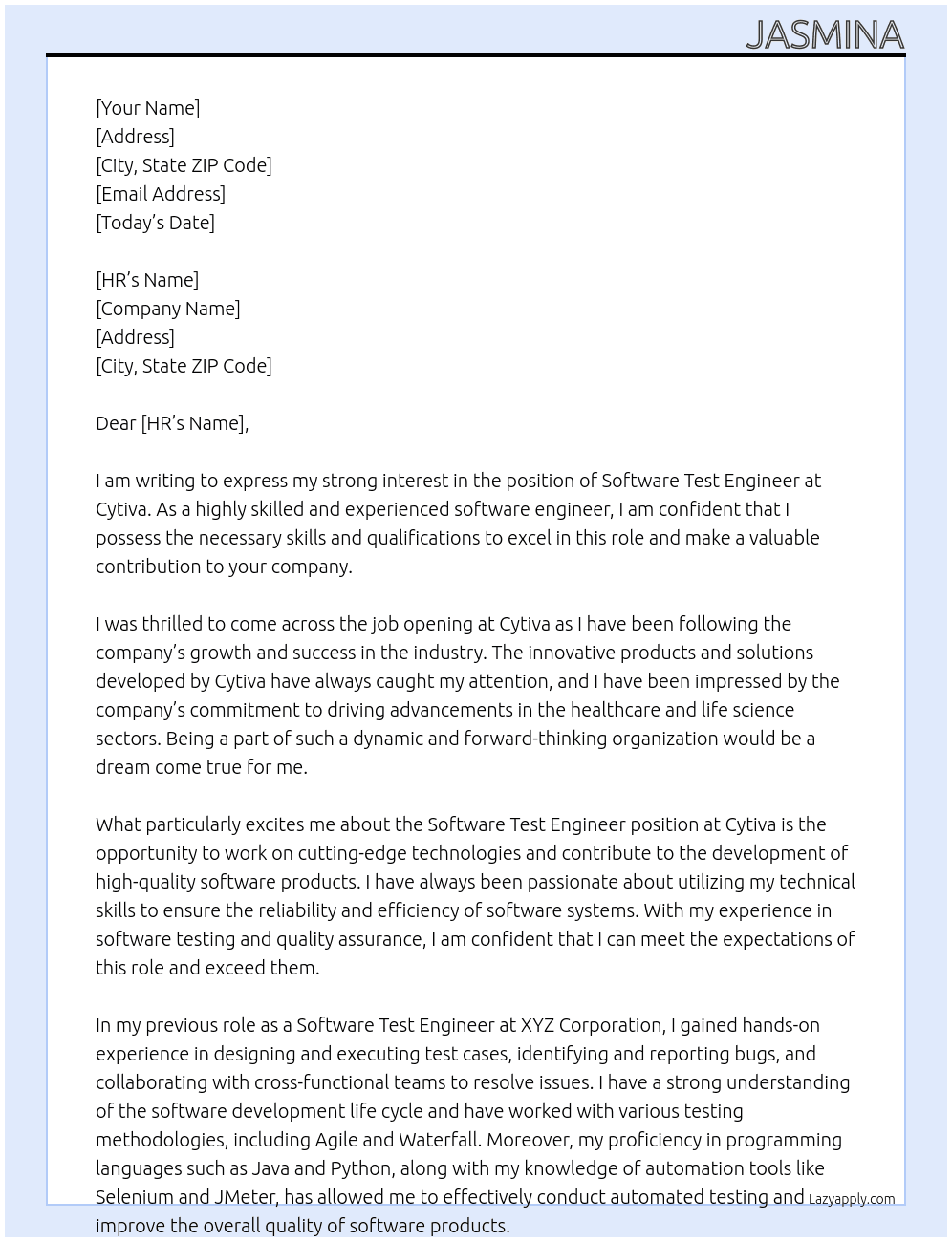 Software Test Engineer At Cytiva  Cover Letter