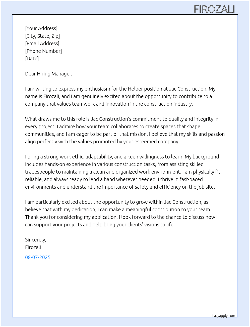 Helper  At Jac construction  Cover Letter