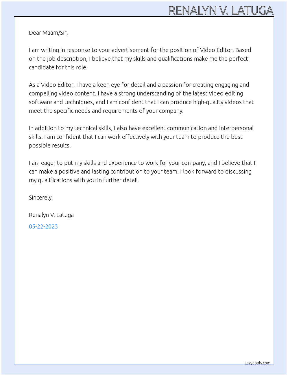 Video Editor At Video Editor  Cover Letter