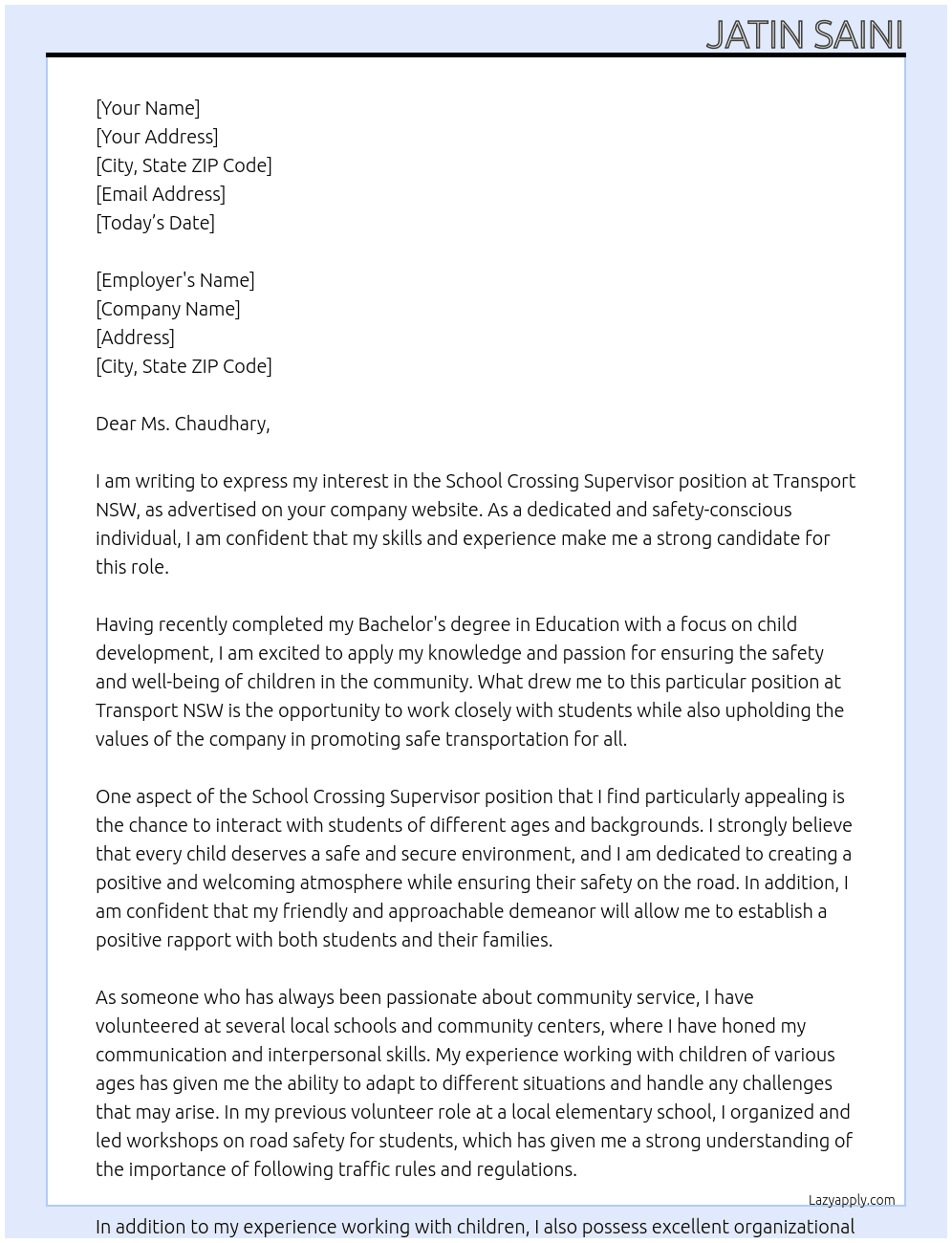 School crossing Supervisor At Transport NSW Cover Letter