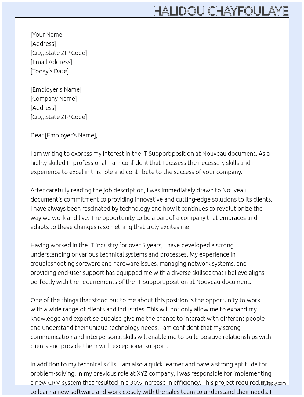 IT Support At Nouveau document Cover Letter