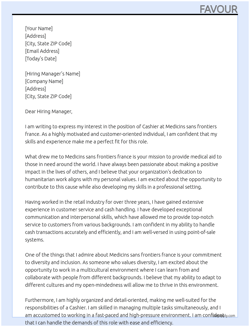 Cashier At Medicins sans frontiers france Cover Letter