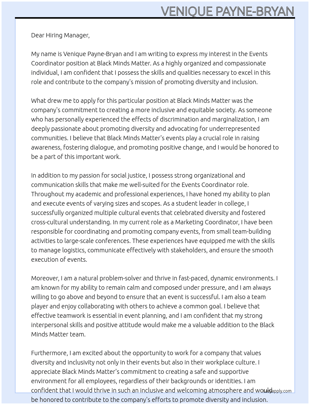 events coordinator At Black minds matter Cover Letter