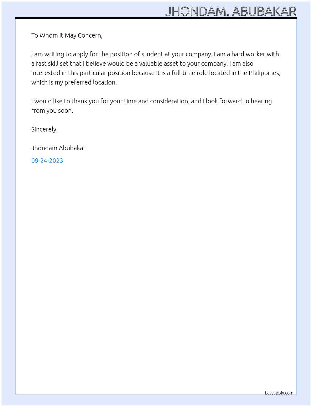 student  At Worker in DEPED Cover Letter