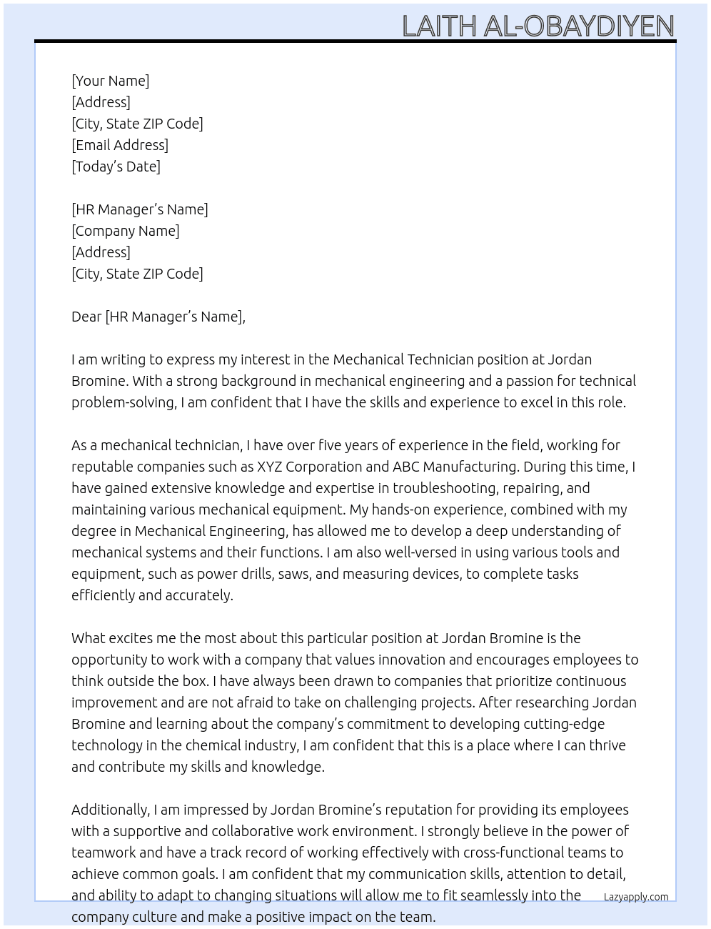 Mechanical technician  At Jordan Bromine  Cover Letter