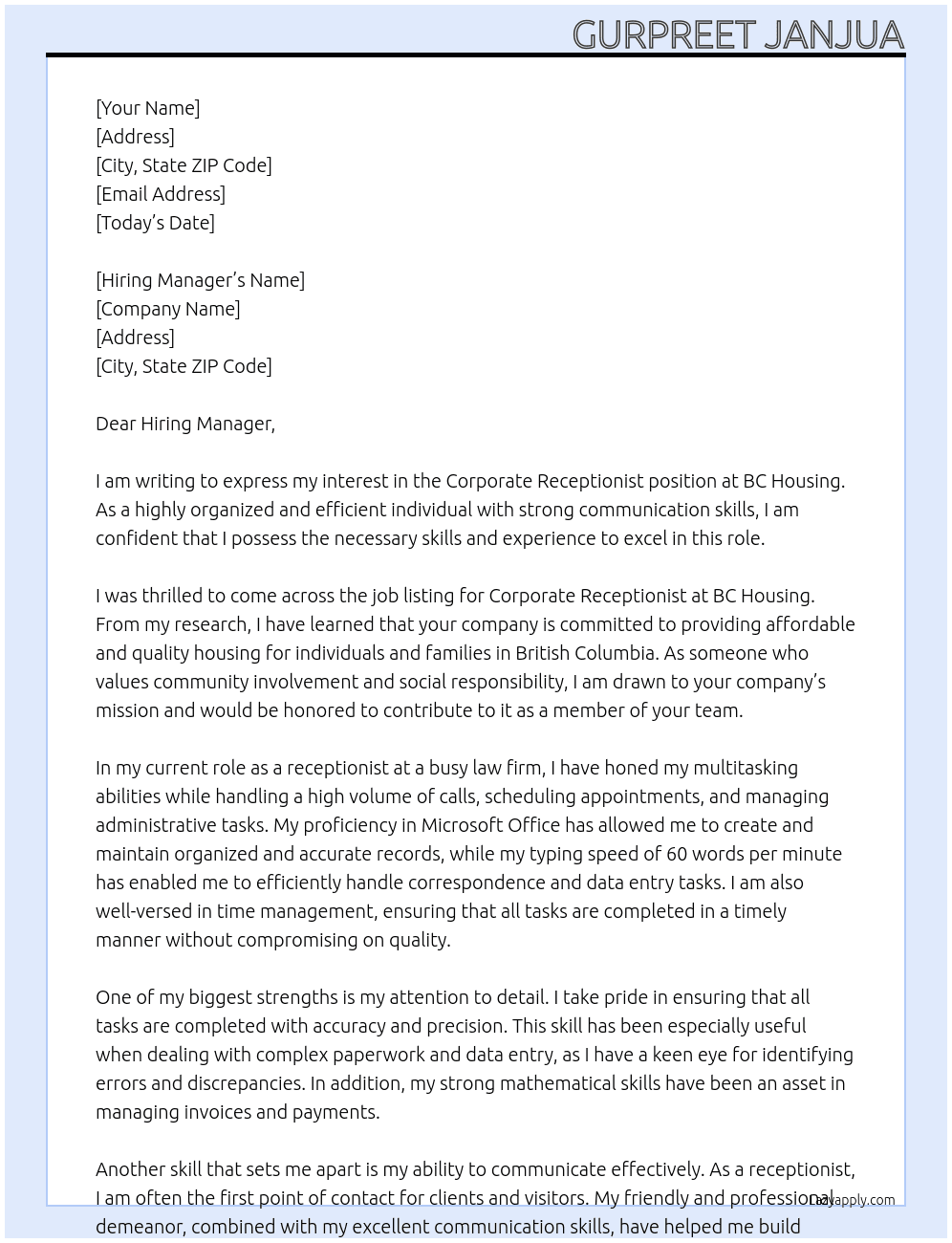 Corporate Receptionist  At BC Housing Cover Letter