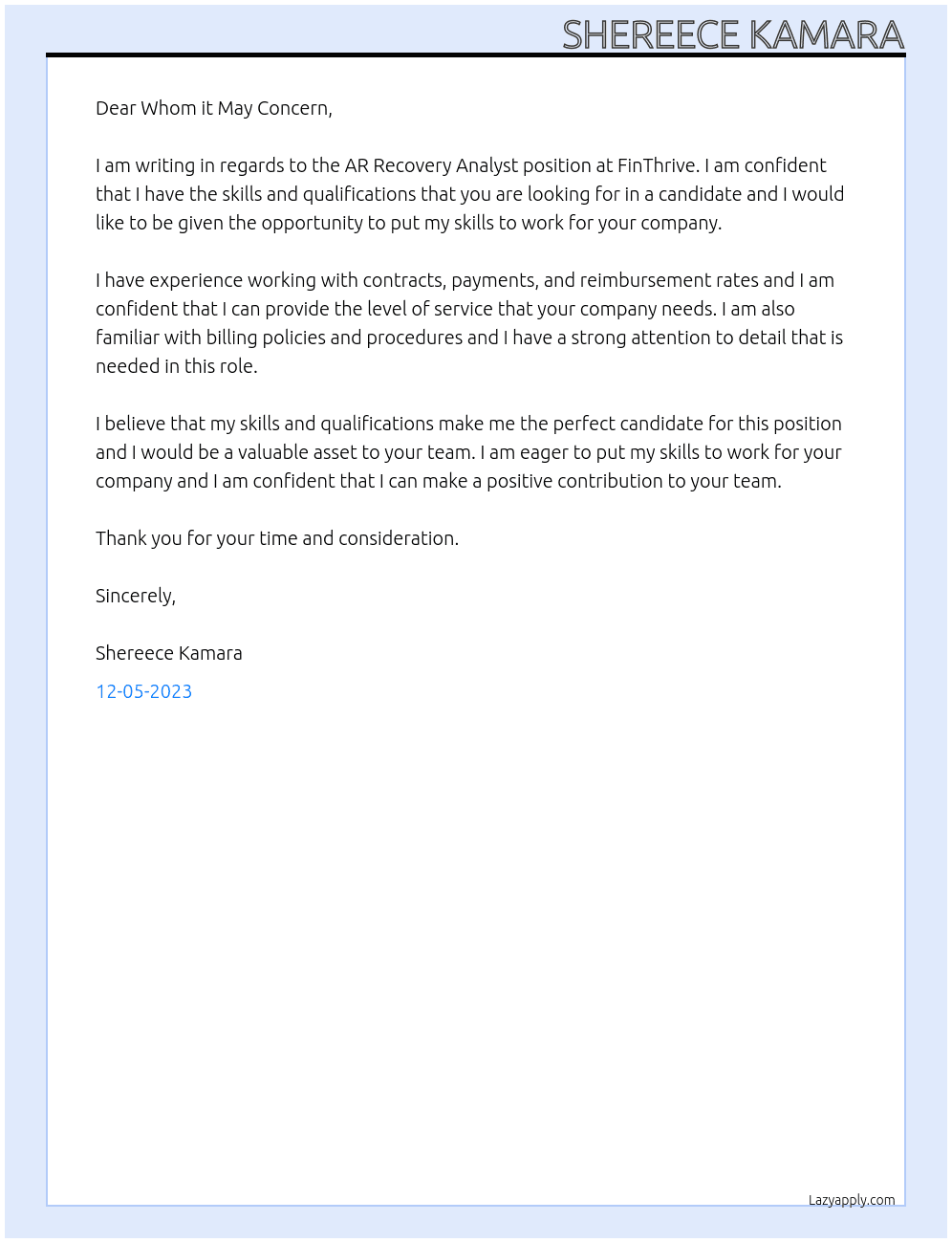 AR Recovery Analyst At FinThrive Cover Letter