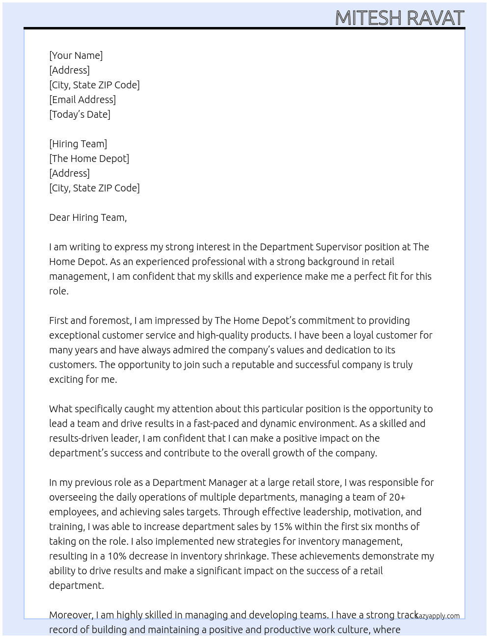 Department supervisor At The homedepot  Cover Letter