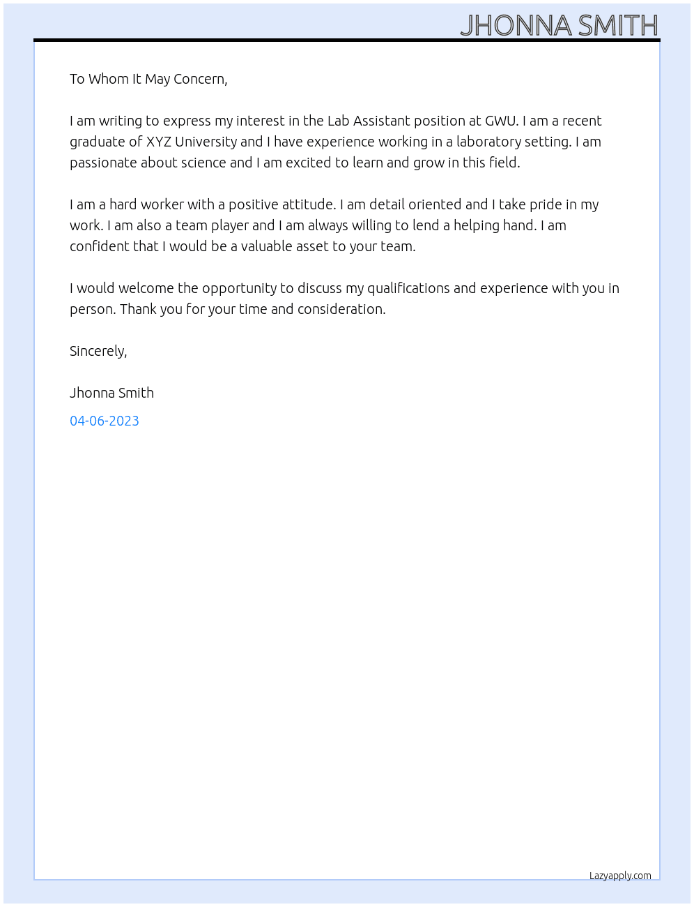 Lab Assista At GWU Cover Letter