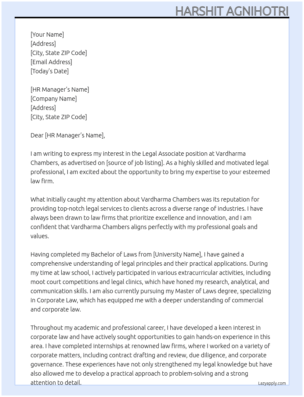 Legal Associate At Vardharma Chanbers Cover Letter
