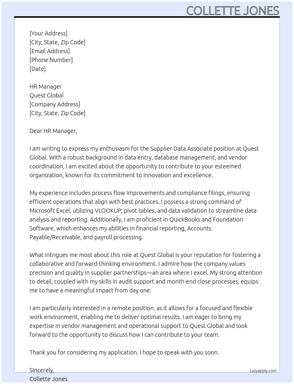 Supplier Data Associate At Quest Global Cover Letter
