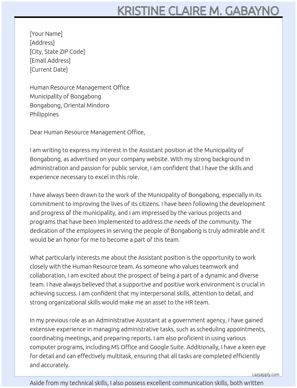 Assistant  At Municipality of Bongabong  Cover Letter