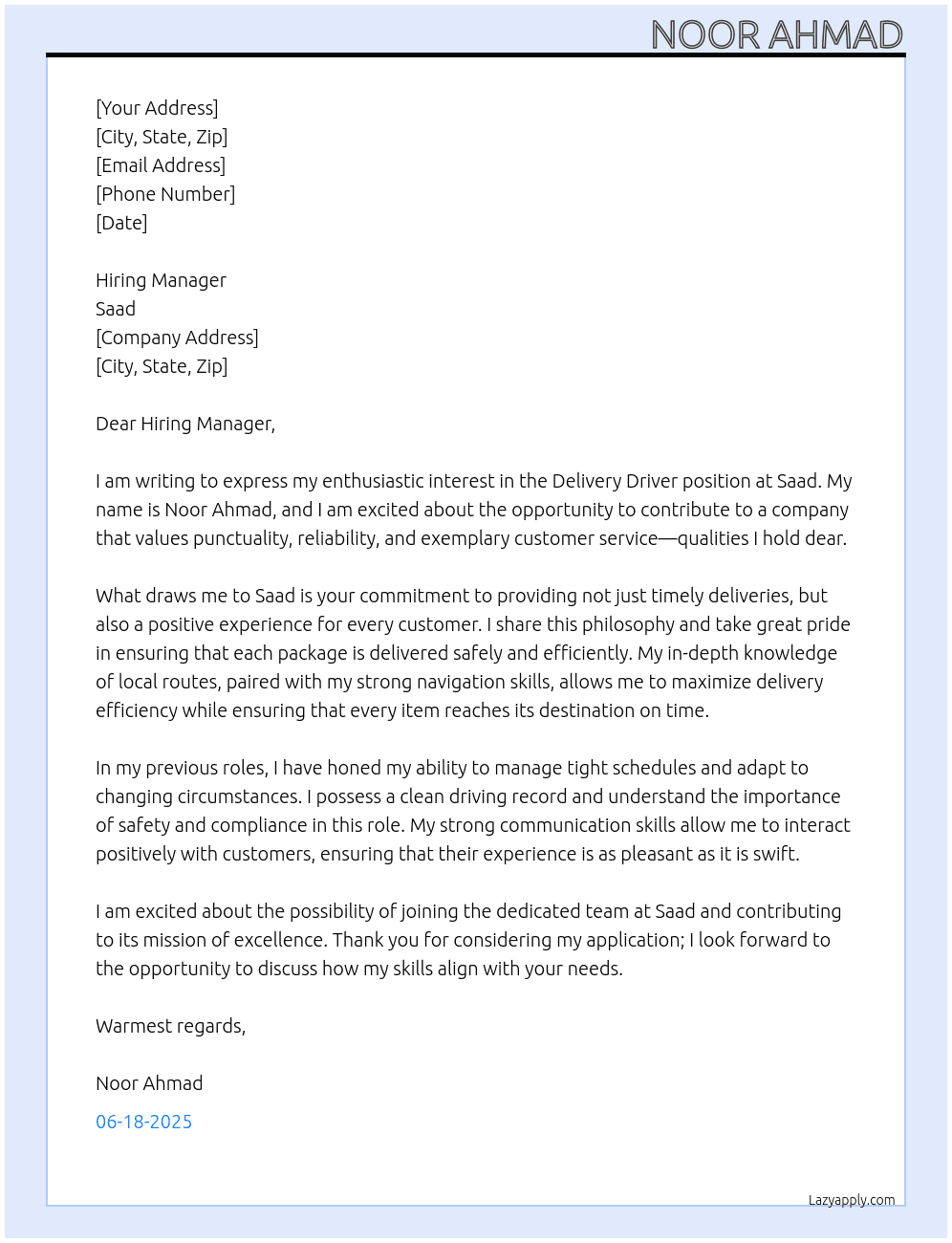 Delivery driver At Saad Cover Letter